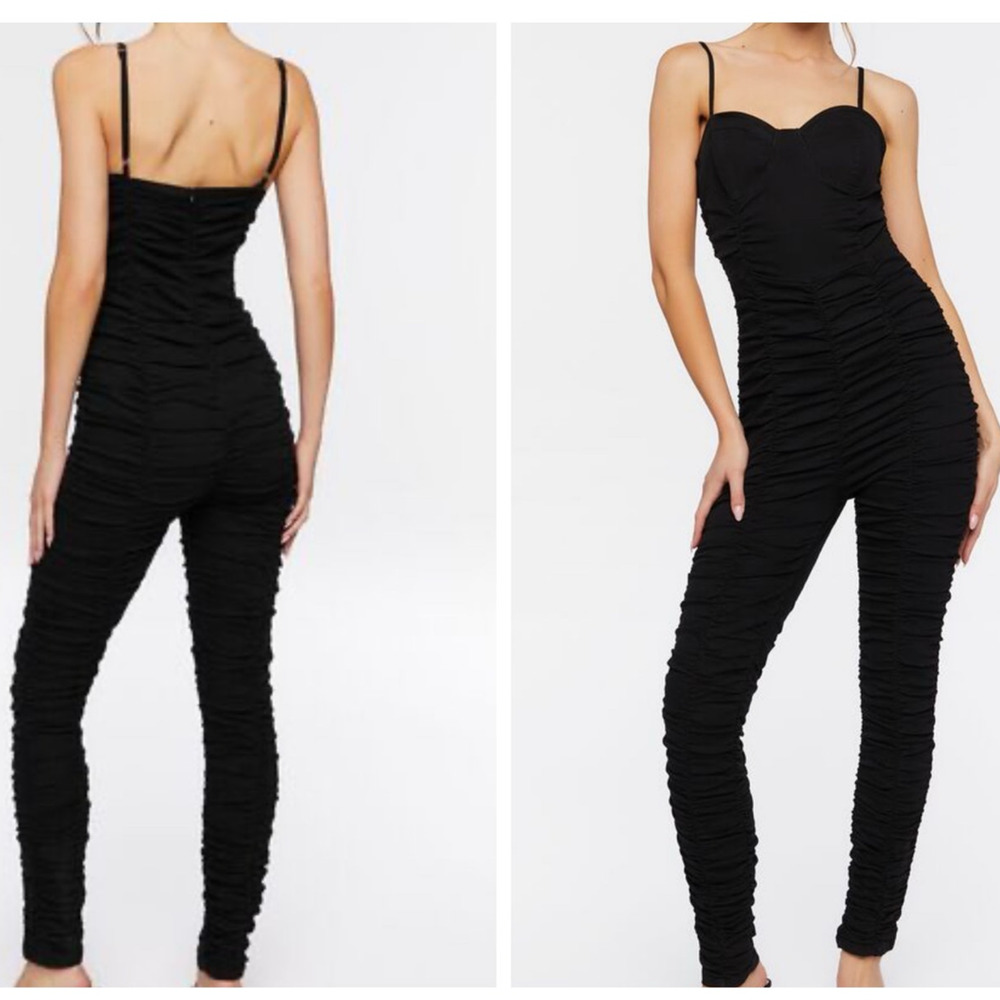 Forever 21 Ruched Jumpsuit Small Black Bustier Sweetheart Ankle Woven Cotton New - Picture 2 of 10